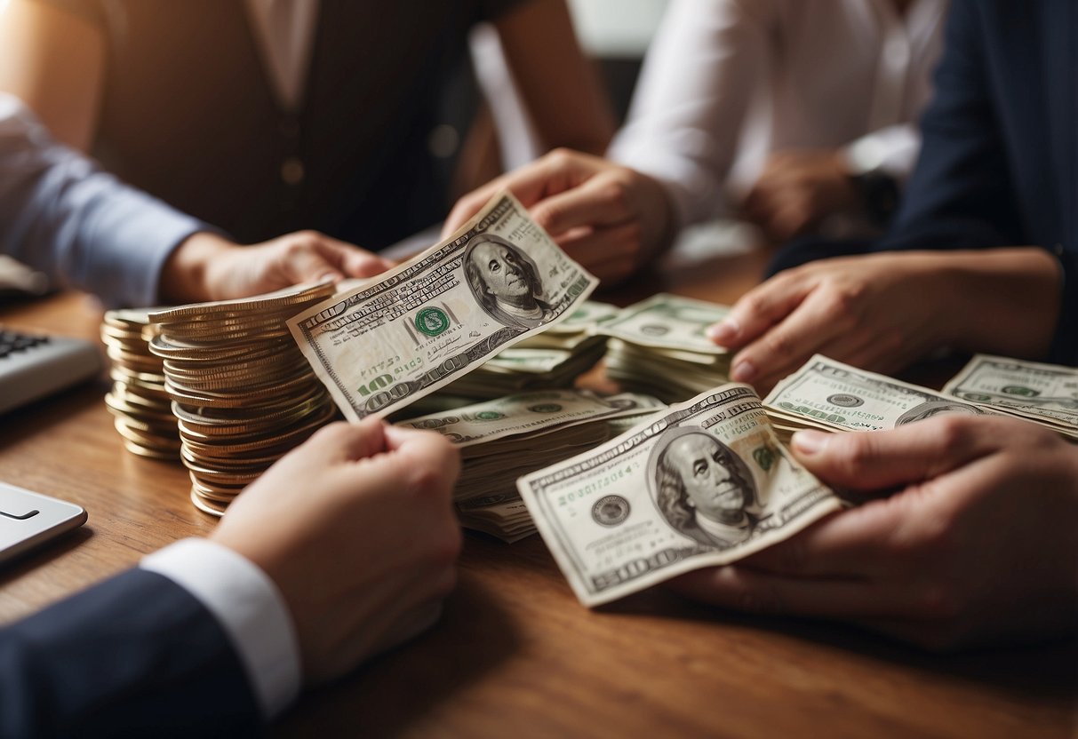 A group of investors pooling their money into a fund, managed by professionals who invest in a diversified portfolio of stocks, bonds, or other assets