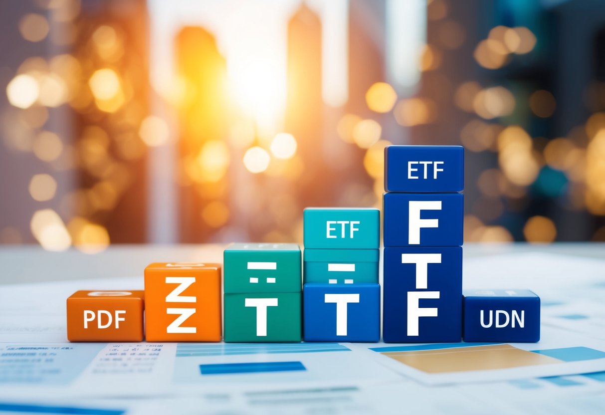 A diverse mix of ETF symbols arranged in a balanced and profitable investment portfolio