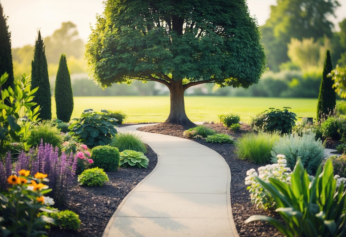 A serene garden with a winding path leading to a towering tree, symbolizing long-term growth and stability. Surrounding the tree are various plants and flowers, evoking the idea of nurturing and cultivating a long-term savings plan